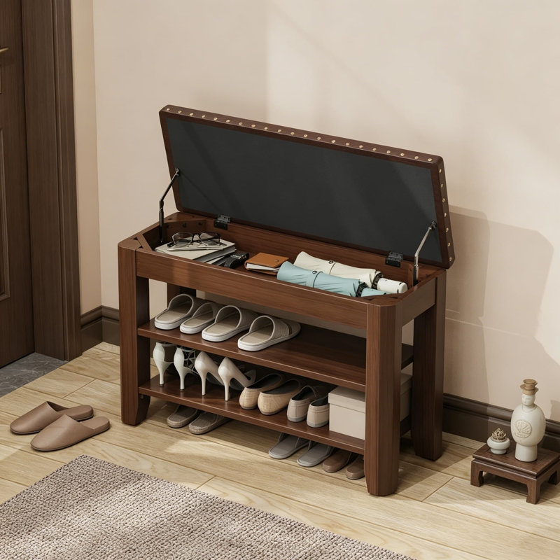Banc à chaussures en bois d'hévéa massif avec rangement dissimulé, tablettes réglables à 2 niveaux, siège en similicuir souple, range-chaussures pour le couloir ou la chambre à coucher, assemblage durable et facile, largeur de 31,5 po
