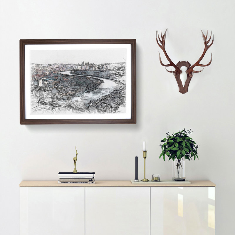 River Thames & London Skyline Sketch - Picture Frame Graphic Art Print, Walnut Framed, 45cm H x 63cm W x 2cm D