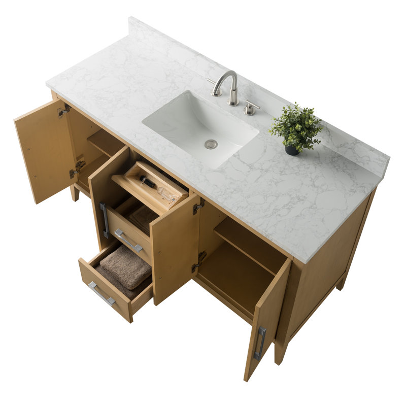 Chambery 60" Single Sink Bathroom Vanity with Engineered Marble Top, Brushed Nickel, Natural Oak