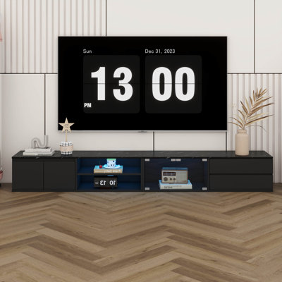 Meuble télé à DEL APP pour téléviseur jusqu'à 105 po, console multimédia en faux marbre avec portes en verre trempé, 2 tiroirs et armoires