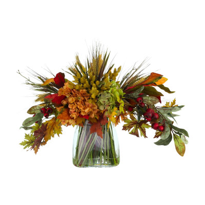 Fall Centerpiece with Hydrangeas and Maple Leaves