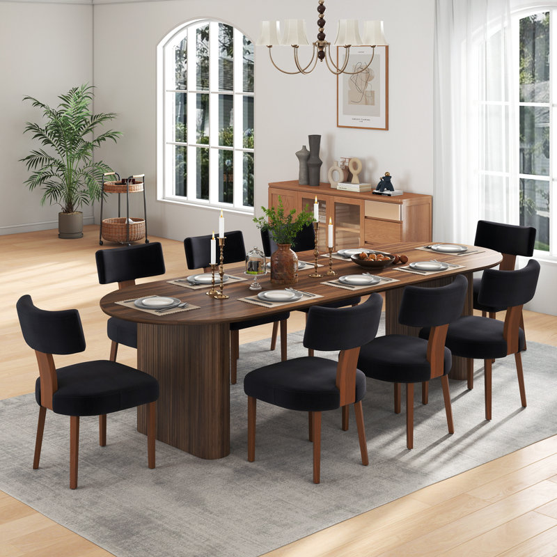 Modern Farmhouse Solid Wood Extendable Dining Table Set for 4-8 People, 9 Pieces: Table, 8 Chairs, Black, Black