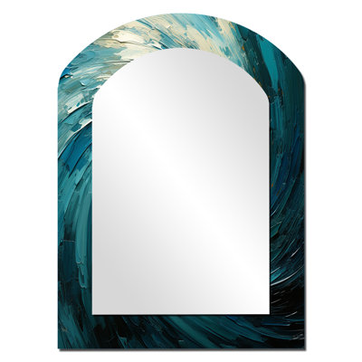 Teal Majestic Motion IV - Abstract Spirals Arch Decorative Wall Mirror, Modern Asymmetrical Mirror, Printed Metal Art