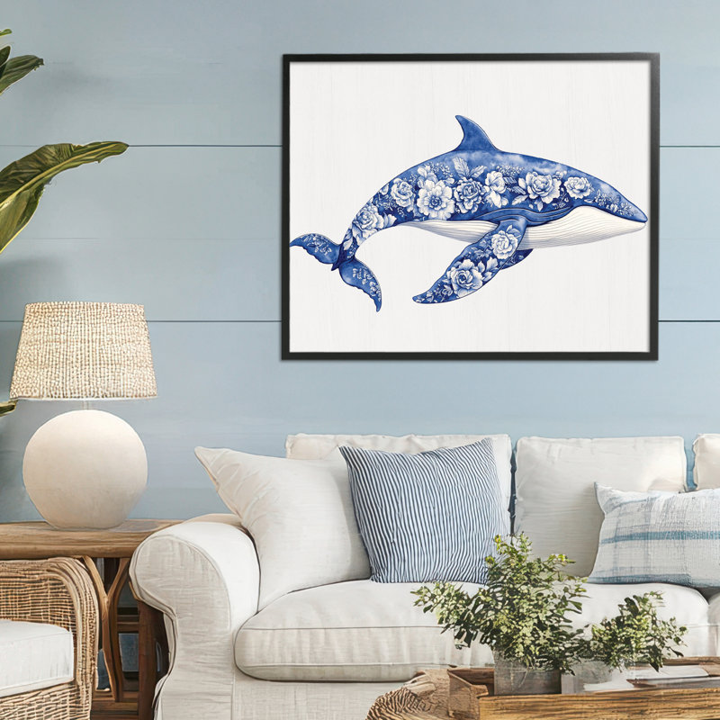 Floral Toile Whale, giclée encadrée, design avec lettres et doublure, H 24 po x l 30 po, Giclée encadrée noir minuit