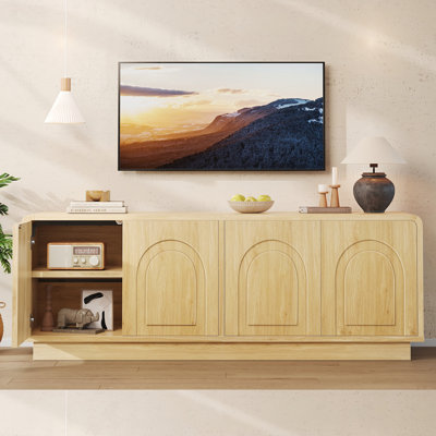 Meuble télé 63 po pour téléviseur de 70 po ou moins, console multimédia avec 4 portes arquées et tablettes réglables, centre de divertissement à pousser avec système de gestion des câbles
