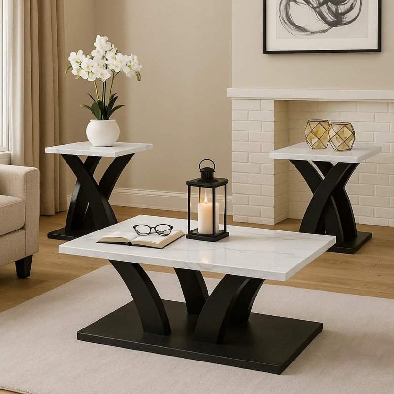Zen 3Pc Coffee And End Table Set, White Faux Marble, Black Legs