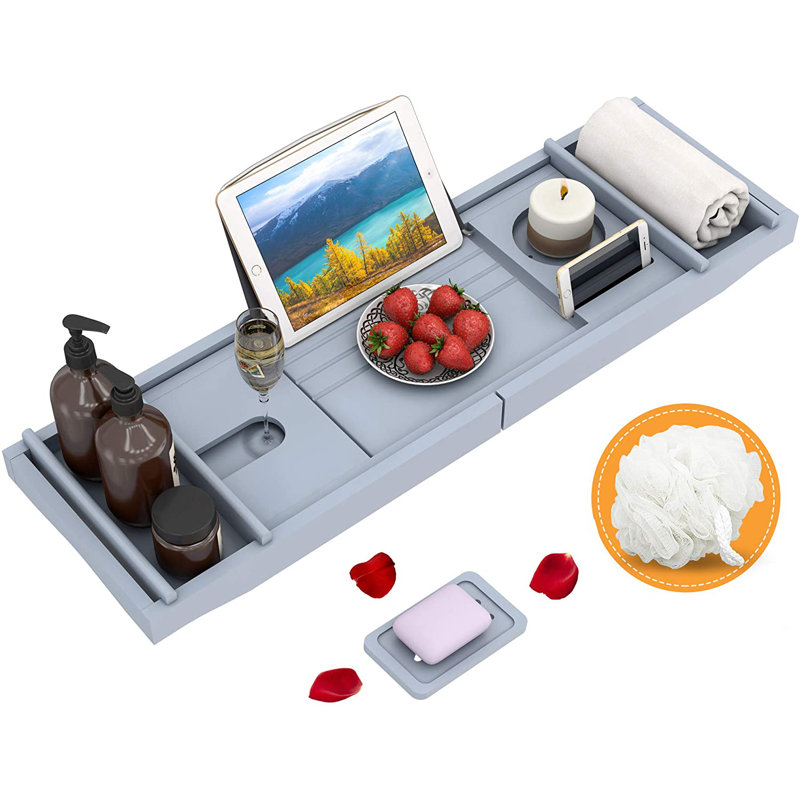 Plateau de baignoire en bambou extensible pour baignoire de luxe avec porte-livre et porte-savon (Bath, gris