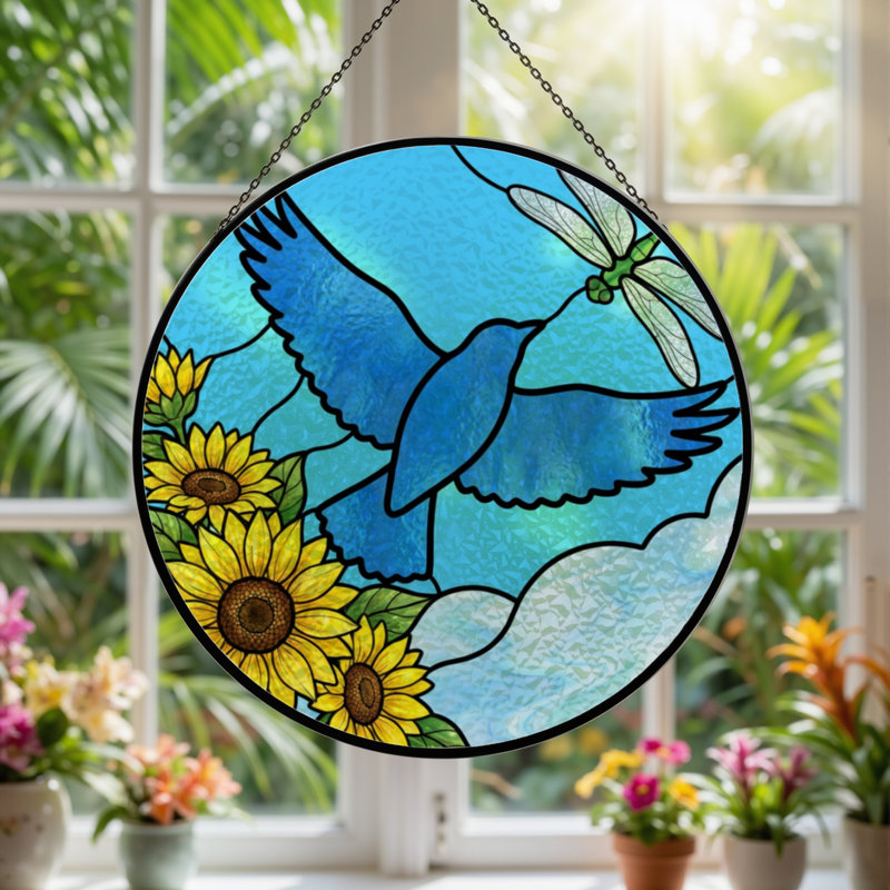 7.8"H Bird Sunflower Stained Glass Window Panel, 7.8" H x 7.8" W