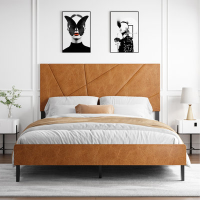 Cadre de lit grand format en métal, lit plateforme carré avec rangement sous le lit, aucun matelas à ressorts requis, brun rétro