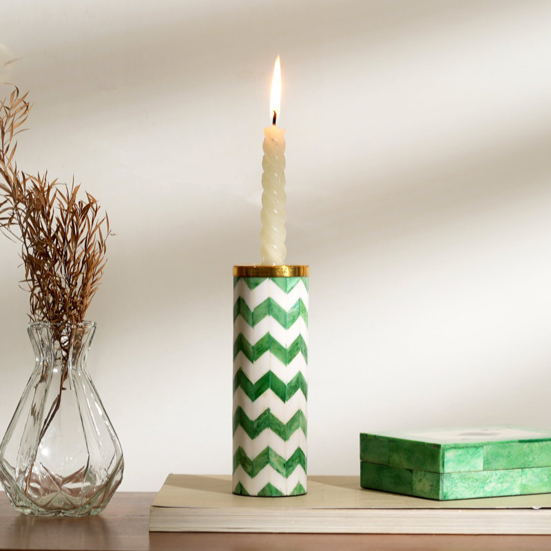 Metal Tabletop Candlestick, Green Zig Zag