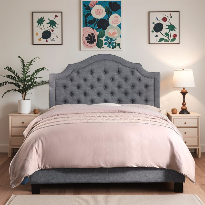 Linen Upholstered Bed with Adjustable Headboard and Button Tufting, Gray, King