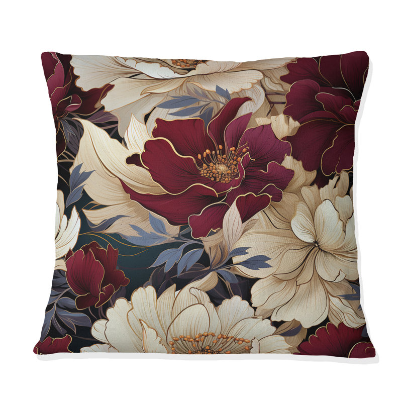 Coussins décoratifs à motif floral de coquelicots riches et beiges et rouges, H 18 po x l 18 po