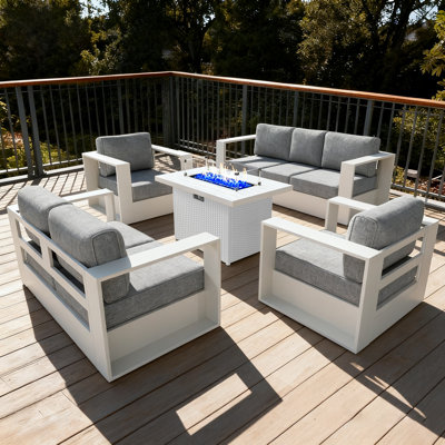 Modern Outdoor Aluminum 5-piece Conversation Set With Firepit Table