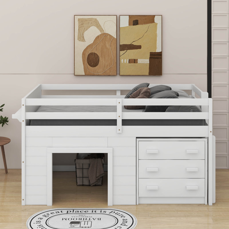 Twin Size Loft Bed With Cabinet And Shelf, White