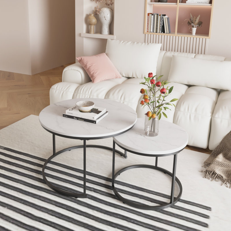 Ensemble de 2 tables basses rondes gigognes avec structure en métal, Blanc