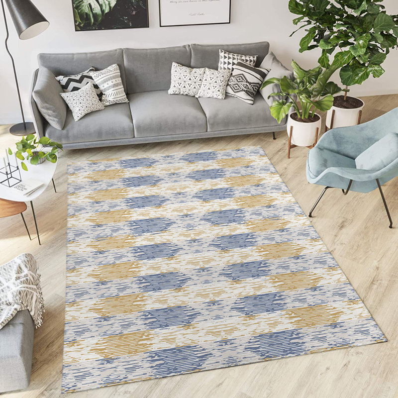 Tapis intérieur / extérieur rectangulaire en polyester tissé à la machine beige / bleu / blanc, Rectangle 5 pi x 7 pi