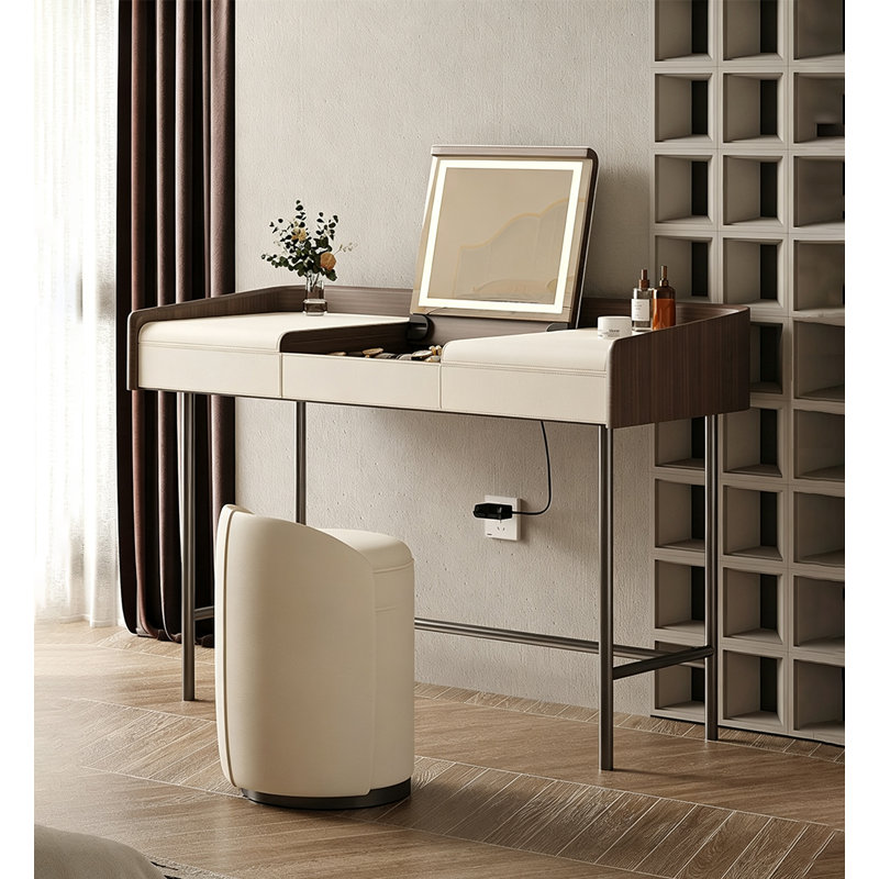 Coiffeuse italienne minimaliste en bois massif avec plateau rabattable et revêtement en cuir de selle pour chambre à coucher