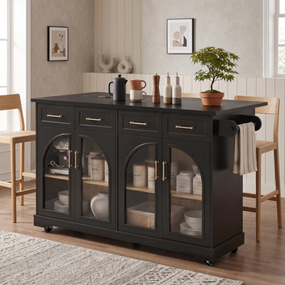 Îlot de cuisine moderne avec abattant, portes en verre arquées, station de charge intégrée, tiroirs de rangement et roues verrouillables