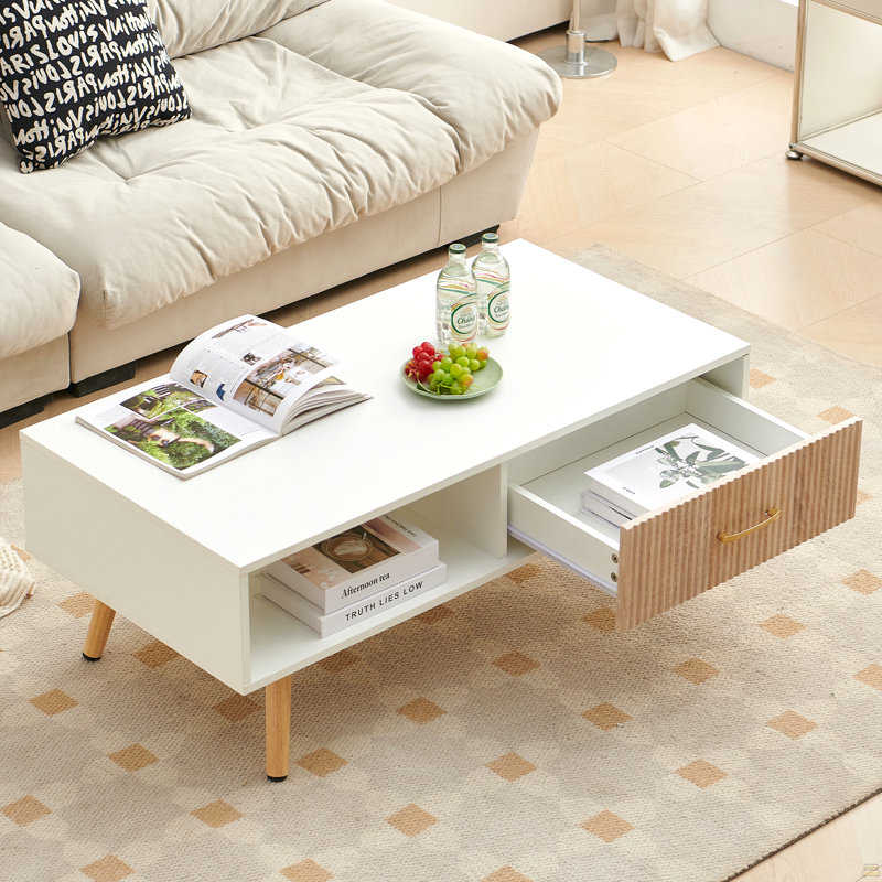 Table basse rectangulaire avec pieds en bois massif, tiroir coulissant, Blanc