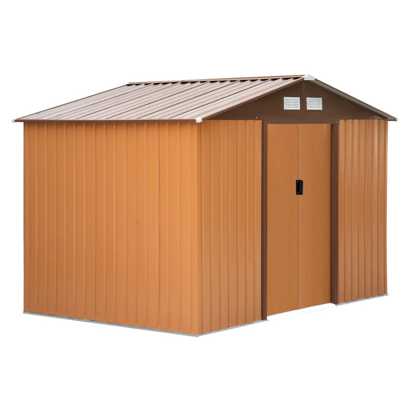 Remise de rangement jaune pour l'extérieur avec 9,1 pi de longueur, 6,4 pi de largeur, 6,3 pi de hauteur, fondation, 4 évents et 2 portes coulissantes