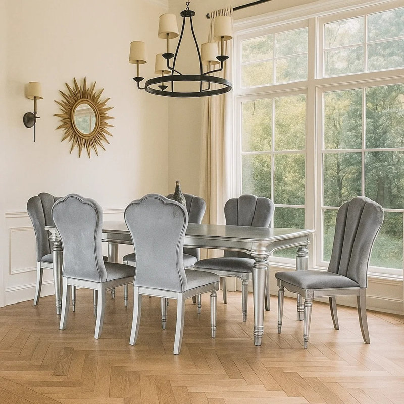 Ensemble de salle à manger 7 pièces Hixe, table festonnée et 6 chaises, bois massif argenté, Bleu / Argent, Argent argent