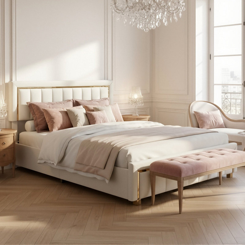 Velvet Ottoman Bed, Glam Upholstered Storage Frame With Trim, Beige,  European Double (140 x 200 cm)