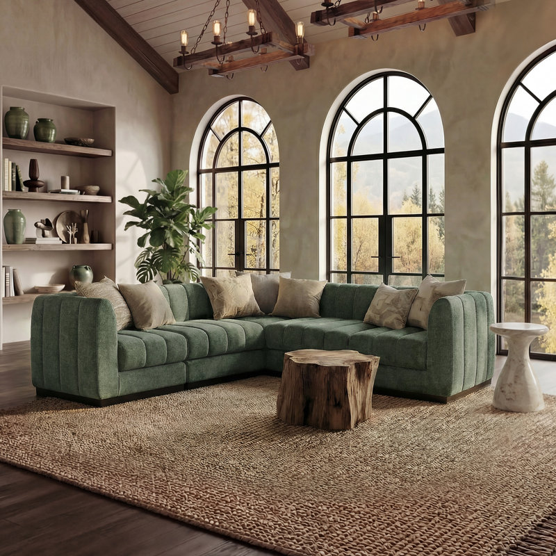 Canapé modulaire en forme de L à assise profonde avec base en bois massif 5 pièces Myrhn, Chenille verte