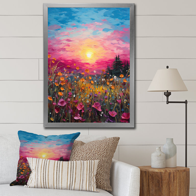 «Breathtake Sunset In Blossoming Flower Meadows I», reproduction sur toile, H 32 po x l 24 po x P 1 po, Cadre simple argenté