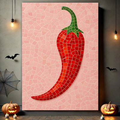 Mosaic Red Chili Pepper On Light Pink Tile Background, Colorful Glass Mosaic Art Canvas Wall Art For Kitchen Dining Room Decor