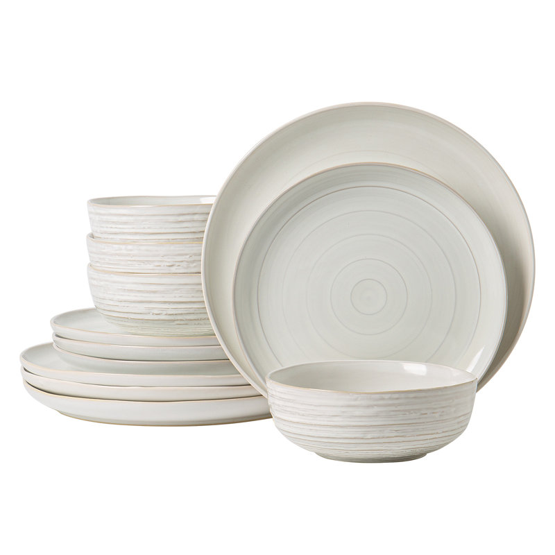  Service de vaisselle en grès 12 pièces Halo Edge, service pour 4, Blanc