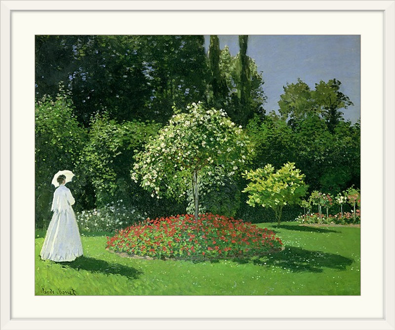 Claude " Jeanne Marie Lecadre In The Garden " by Claude Monet, 27" H x 32" W x 1" D, White Framed