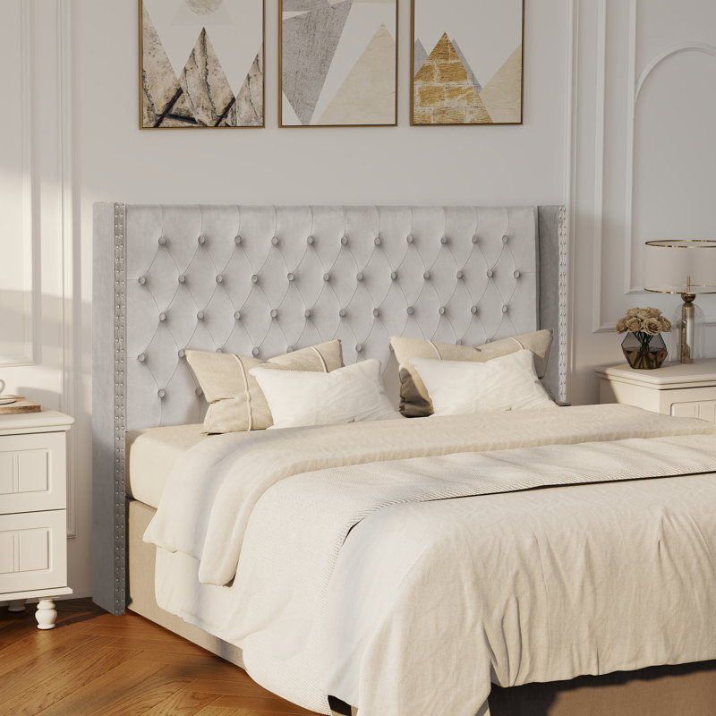 Tufted Wingback Upholstered Headboard with Nailhead Trim, Gray-Velvet, Queen