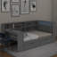 Lit plateforme simple en bois avec tablettes de rangement, tiroirs, station de charge, DEL, bureau et tête de lit tapissier-331482365-331482364