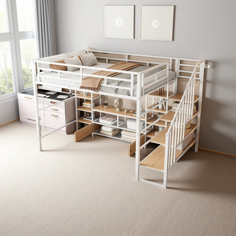 Lit mezzanine double en métal avec escalier, table de rangement basse et tablettes de rangement, Blanc
