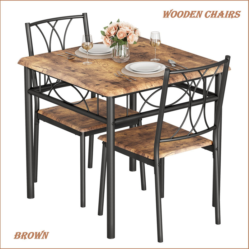 3 Pcs Dining Table Set For 2 For Apartment, Compact Kitchen Table Set With 2 Wooden Chairs, Farmhouse Bistro Table Set Breakfast Nook Table Set For Small Spaces, Dining Room