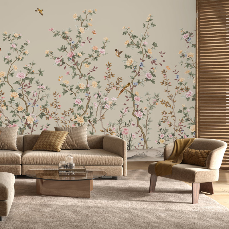 Papier peint floral peint à la main Whispering Blooms, L 117,96 po x l 175 po, Rose