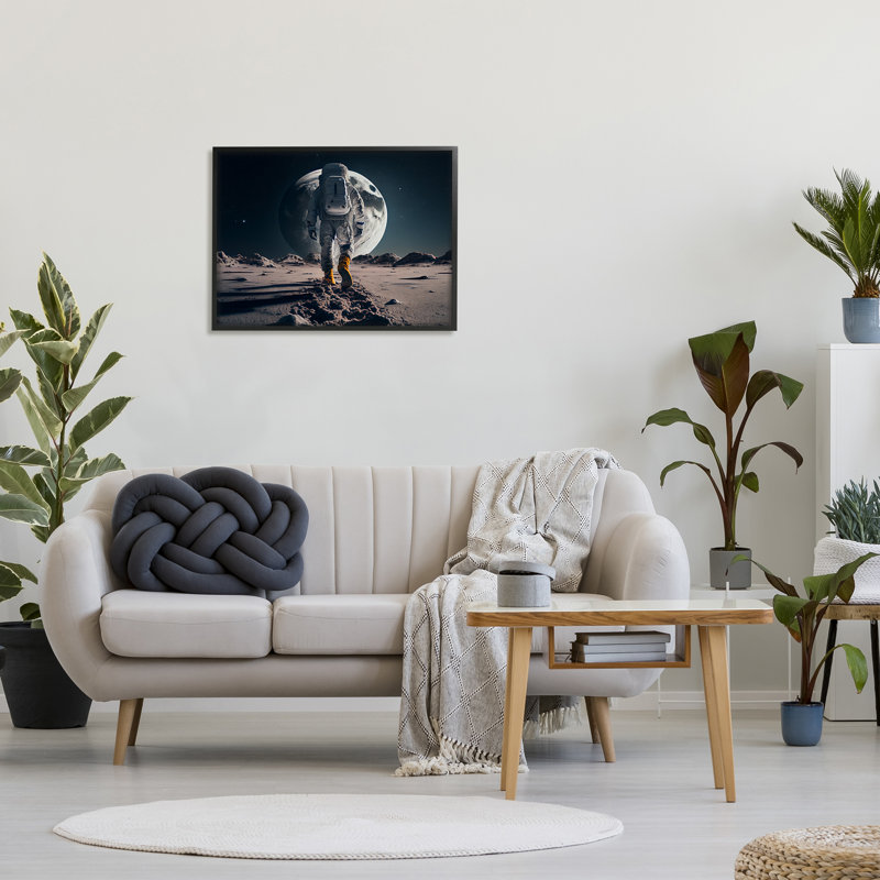 «Man On Moon Outer Space Astronaut» par CyberGeek Design, H 30 po x l 24 po x P 1,5 po, Giclée encadrée noir minuit