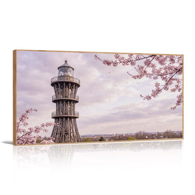 Observation Tower Framed by Pink Cherry Blossoms Canvas Wall Art