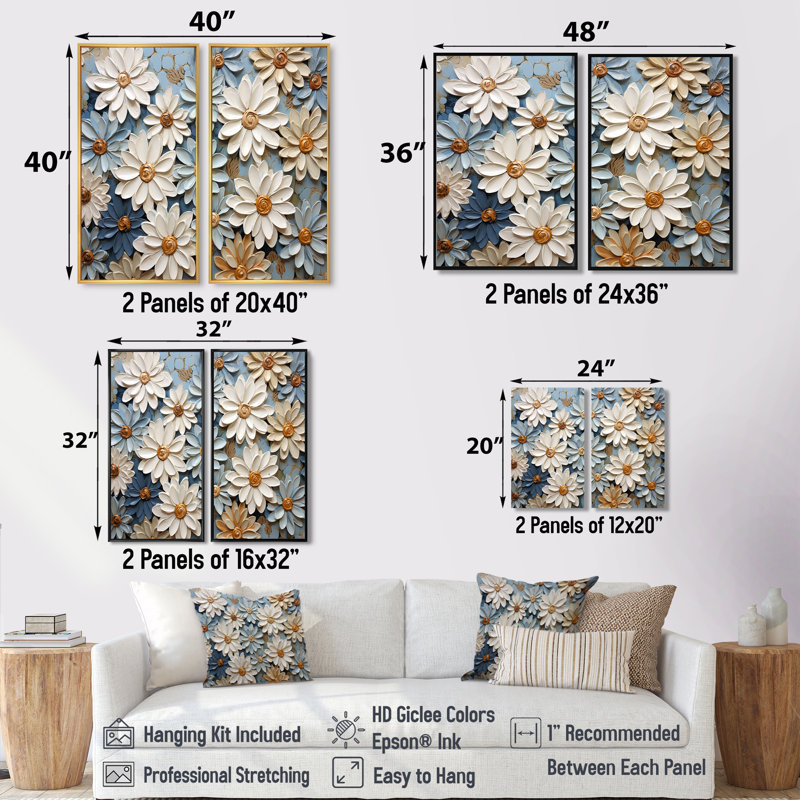 «Blue Blooms Zinnias Flowers» - art mural blanc, H 36 po x l 48 po, Impression encadrée flottante, Noir, noir, noir, noir