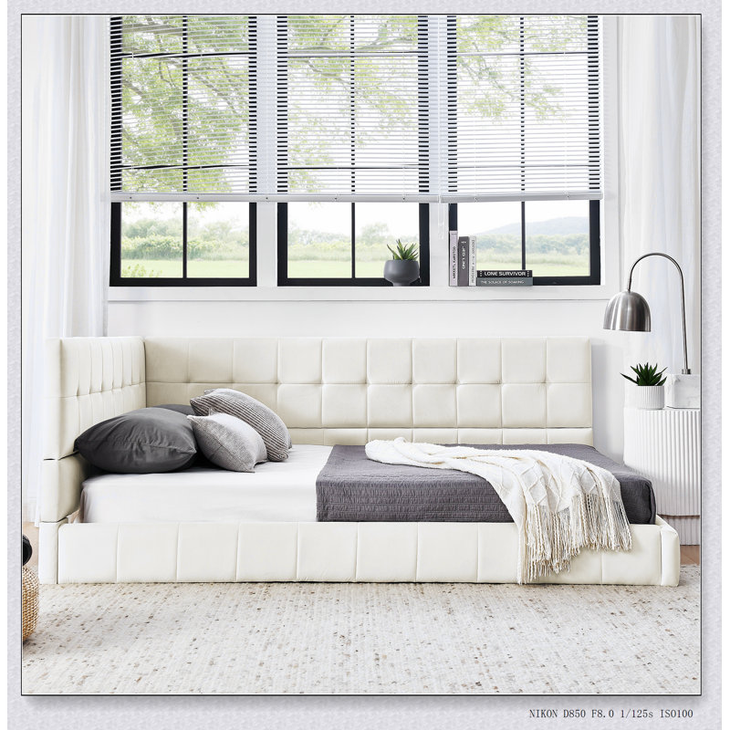 Upholstered Tufted Bed Frame, Sofa Bed Frame With Backrest And Armrests, Beige