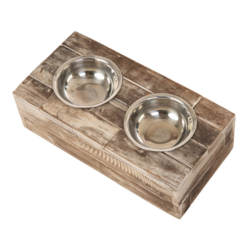Small Natural Reclaimed Wood Elevated Pet Feeder with Stainless Steel Bowls