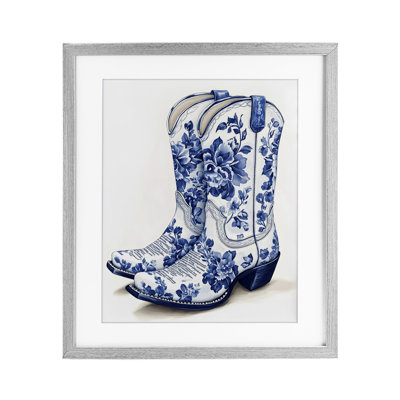 Blue Chinoiserie Cowboy Boots Framed Print Under Glass, design by Heidi Kuntz