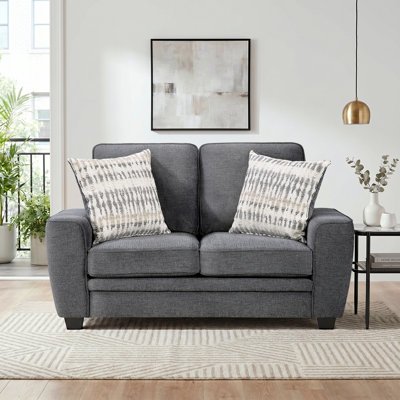 Causeuse contemporaine grise avec coussins décoratifs, tissu d'ameublement, tissu d'ameublement, canapé 1 place, 2 places