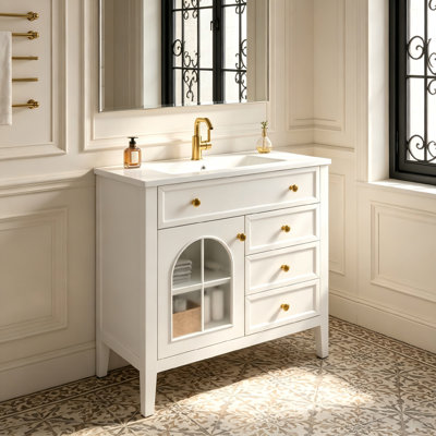 Lavabo de salle de bain de style milieu du siècle de 90,4 cm (35,6 po) avec verre à motifs et bande lumineuse à détecteur de mouvement, lavabo sur pied de style ferme avec rangement, blanc