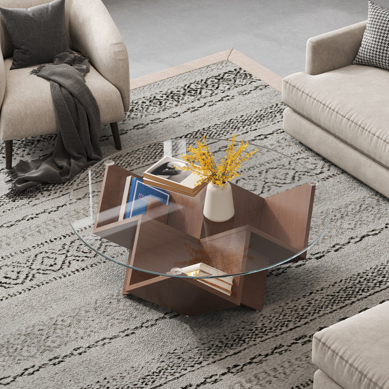 Table basse ronde de 35,4 po avec plateau en verre, base géométrique abstraite et tablettes de rangement, finition noyer pour salon moderne