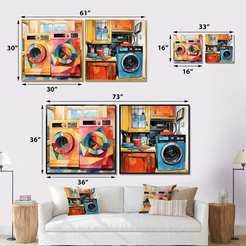 «Laundry Machines Laundry Day I», ensemble de 2 reproductions d'art mural, Toile tendue, H 30 po x l 61 po x P 1 po
