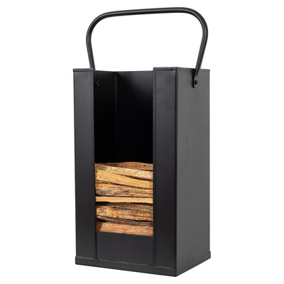 Kindling Firewood Holder in Black | Decorative Metal Storage Bucket, Rack, Caddy