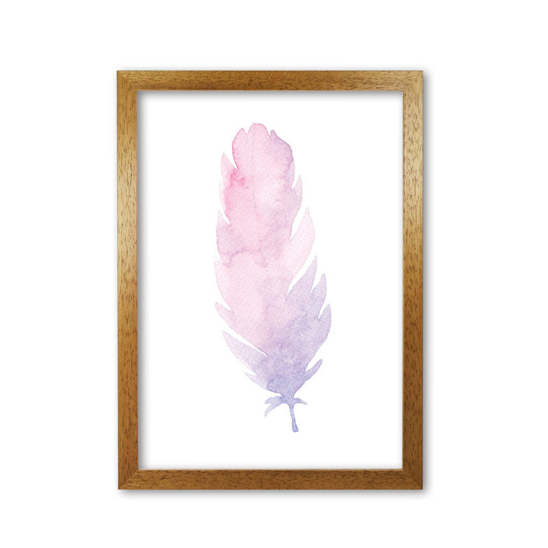 Watercolour Pink Feather - Painting, Honey Oak Frame, 30 cm H x 21 cm W x 5 cm D
