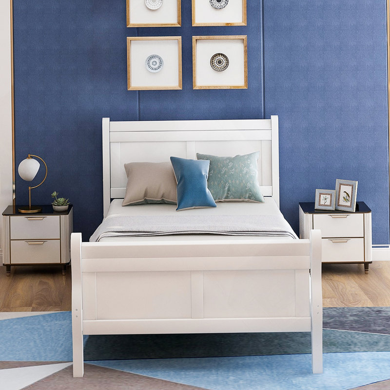 Lit plateforme avec base de lit en bois et sommier avec base de lit et support en lattes de bois, Blanc