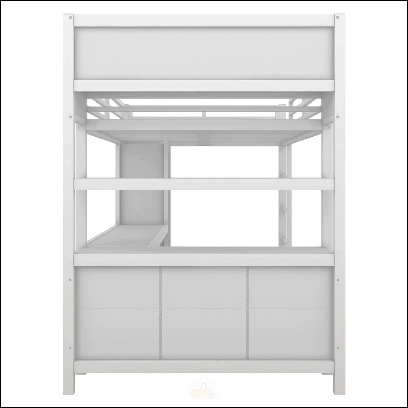 Lit mezzanine en métal avec garde-robe et bureau en L, Blanc cassé